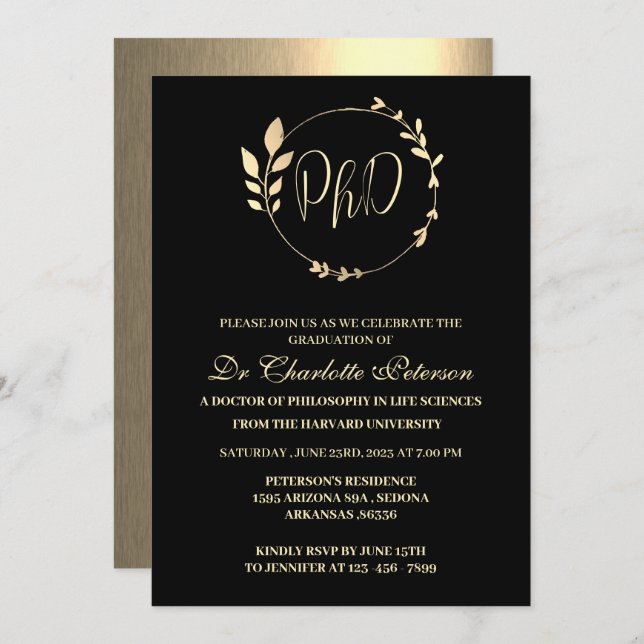 Black & Gold PHD Doctoral Graduation Invitation (Front/Back)