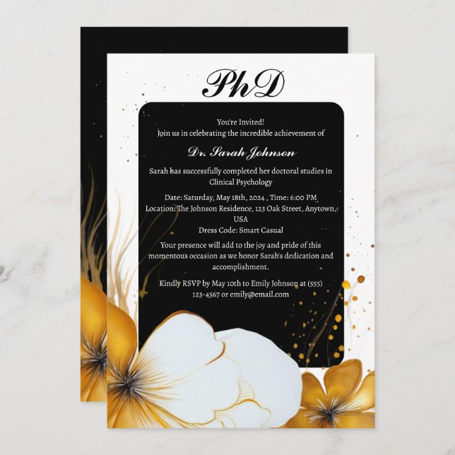 Black & Gold PhD or Doctorate Graduation Invitation (Front/Back)