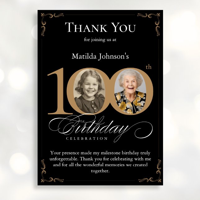 Black Gold Photo 100th Birthday Thank You Card (Mockup View)