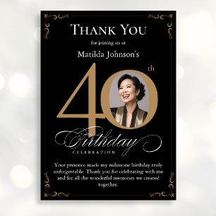 Black Gold Photo 40th Birthday Thank You Card