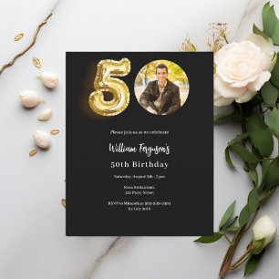 Black gold photo 50th birthday invitation