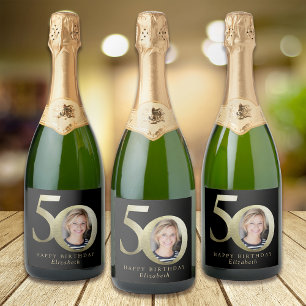 Black Gold Photo 50th Birthday Sparkling Wine Label