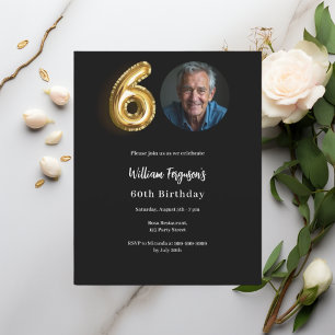 Black gold photo 60th birthday invitation