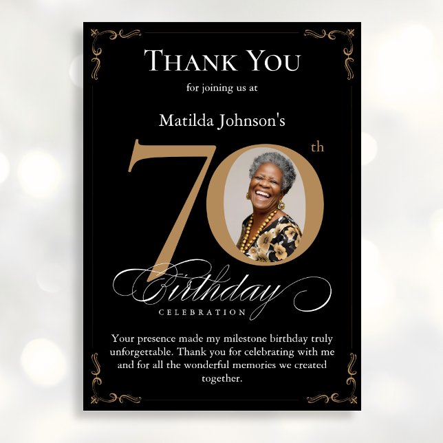 Black Gold Photo 70th Birthday Thank You Card (Mockup View)