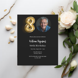 Black gold photo 80th birthday invitation
