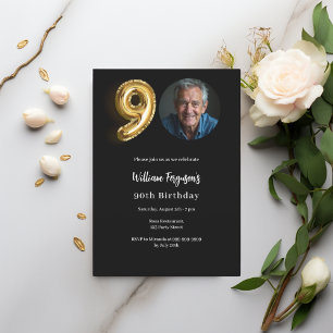 Black gold photo 90th birthday invitation
