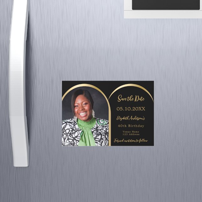 Black gold photo arch Birthday Save the date card (Creator Uploaded)