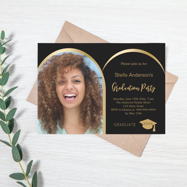 Black gold photo arch graduation 2025 invitation (Creator Uploaded)