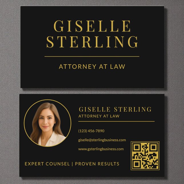 Black Gold Photo Attorney at Law QR Code Business Card (Creator Uploaded)