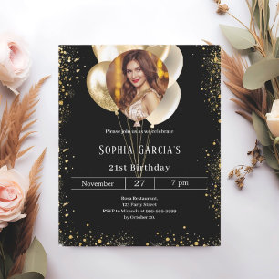 Black gold photo balloons birthday invitation