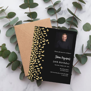 Black gold photo birthday invitation