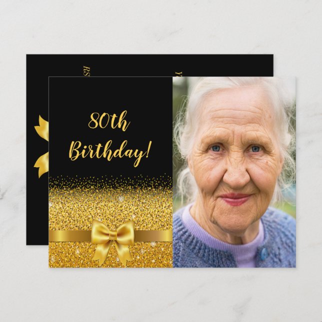 Black gold photo bow 80th birthday invitation (Front/Back)