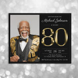 Black Gold Photo Budget 80th Birthday Invitation<br><div class="desc">Black Gold Photo Budget 80th Birthday Invitation. Get ready for an unforgettable milestone birthday bash with this sleek and sophisticated invitation! Featuring solid gold text that screams elegance and class, this design is all about celebrating in style. The rich, gold typography stands out boldly against a refined background, making every...</div>