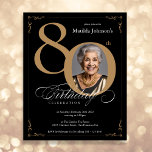 Black Gold Photo Budget 80th Birthday Invitation<br><div class="desc">Black Gold Photo Budget 80th Birthday Invitation. And elegantly designed special birthday celebration invitation,  featuring a custom photo of birthday person and script calligraphy with vintage flourish elements. Simple enough to fit a variety of themes and colours!
Need help? Simply contact me!</div>