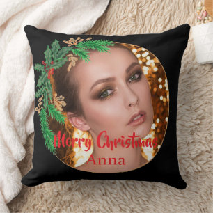 Black Gold Photo Christmas Wreath Elegant Cushion