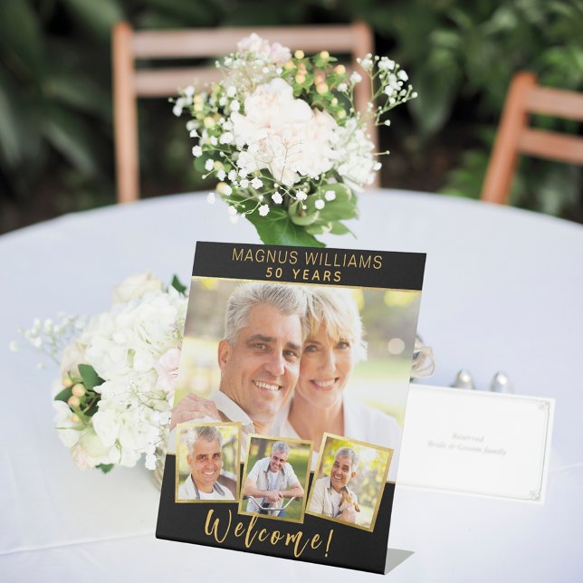 Black gold photo collage birthday party welcome pedestal sign (Creator Uploaded)