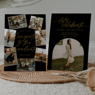 Black & Gold Photo Collage Graduation Invitation