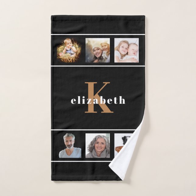Black gold photo collage monogram modern bath towel set (Hand Towel)