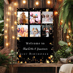 Black gold photo collage stars 2 persons birthday  poster<br><div class="desc">A photo welcome sign for 2 persons,  friends,  sisters,  twins.  A black background,  decorated with faux gold stars. Personalise and add 6 photos,  names and age.</div>