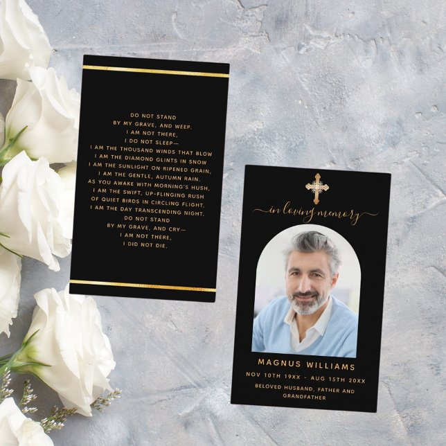 Black gold photo cross arch funeral prayer card (Creator Uploaded)