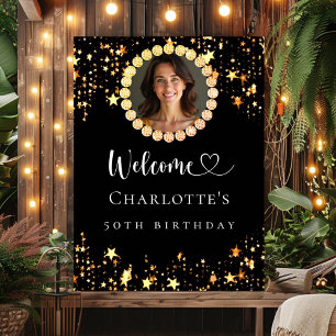 Black gold photo diamonds birthday party welcome poster