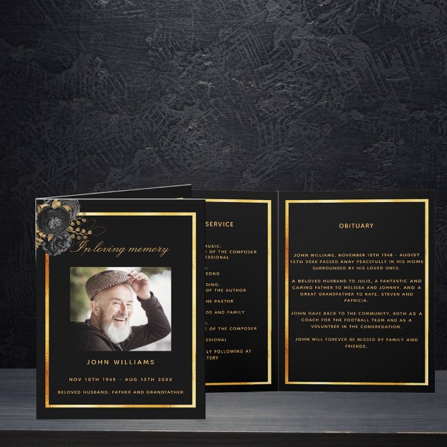 Black gold photo elegant floral funeral program (Creator Uploaded)