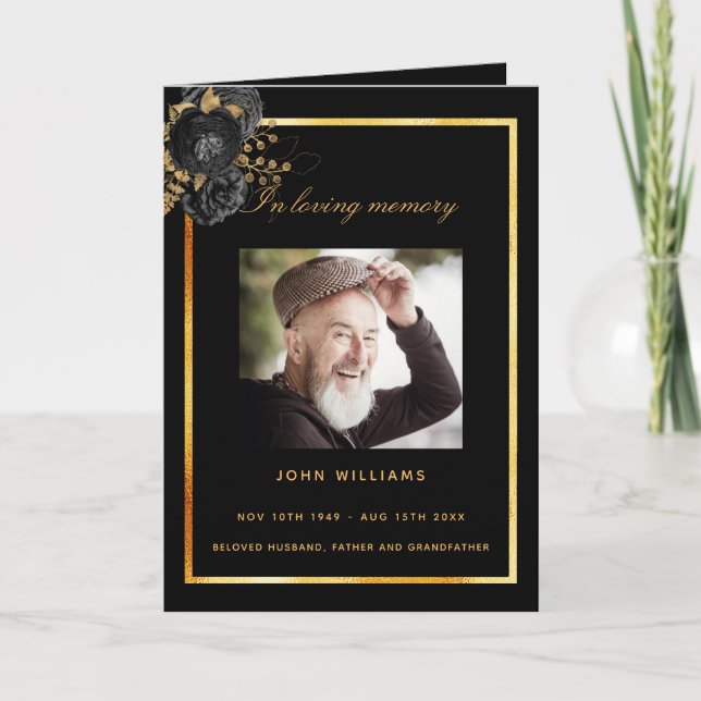 Black gold photo elegant floral funeral program (Front)