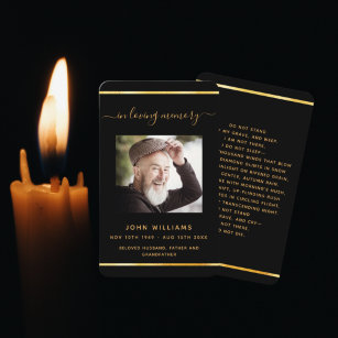 Black gold photo elegant funeral prayer card