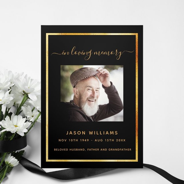 Black gold photo elegant tri-fold funeral program announcement (Creator Uploaded)
