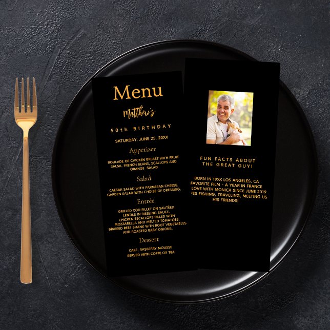Black gold photo fun facts birthday menu card (Creator Uploaded)