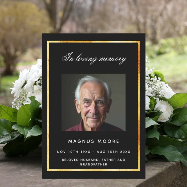 Black gold photo funeral program card (Creator Uploaded)