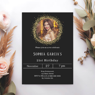Black gold photo glitter birthday invitation