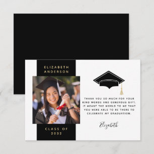 Black Gold Photo Graduation Cap Thank You Card