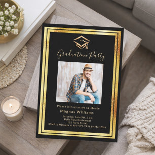 Black gold photo Graduation Party Invitation