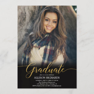 Black gold photo graduation party, modern elegant invitation