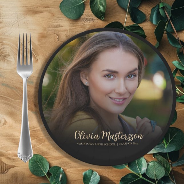 Black Gold Photo Graduation Party Paper Plate (Black and gold graduation photo paper plate personalized with name, school name, and graduation year)