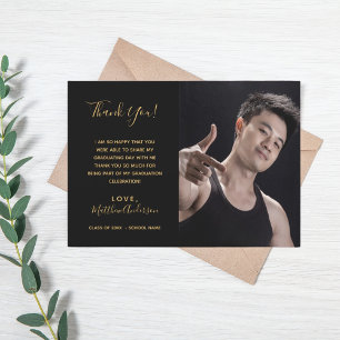 Black gold photo graduation thank you card