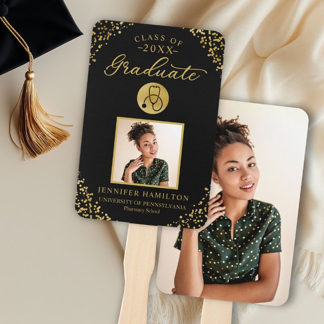 Black Gold Photo Medical Nursing School Graduation Hand Fan (Creator Uploaded)