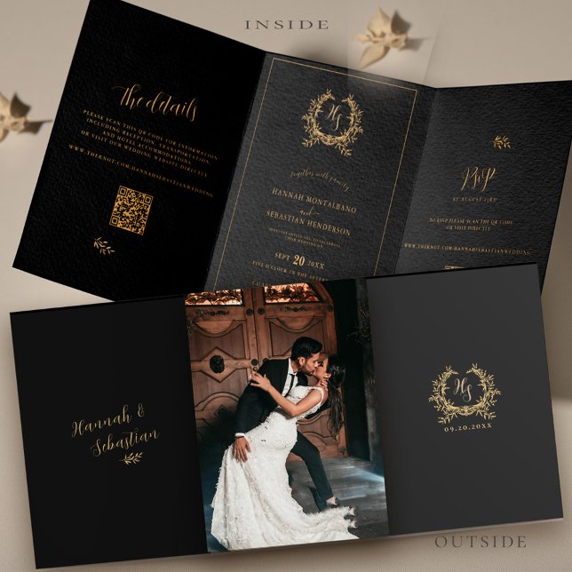 Black Gold Photo Monogram QR Code RSVP Details Tri-Fold Card (Creator Uploaded)