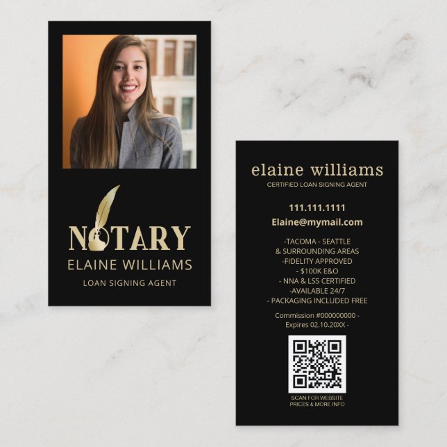 Black Gold Photo QR Notary Loan Signing Agent   Business Card (Front/Back)