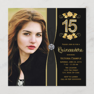 Black Gold Photo Quinceanera Invitation