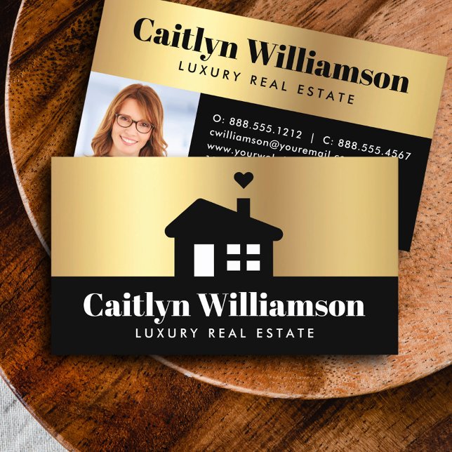 Black Gold Photo Real Estate Agent Broker House Business Card (Creator Uploaded)