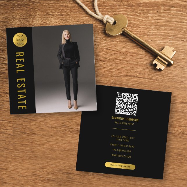 Black & Gold Photo Real Estate Agent QR Code Square Business Card (Creator Uploaded)