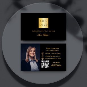 Black gold photo signature script QR code logo Business Card