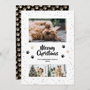 Black Gold Photo Snow Paws Meowy Christmas Card