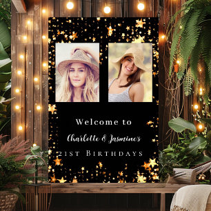 Black gold photo stars 2 persons birthday welcome poster