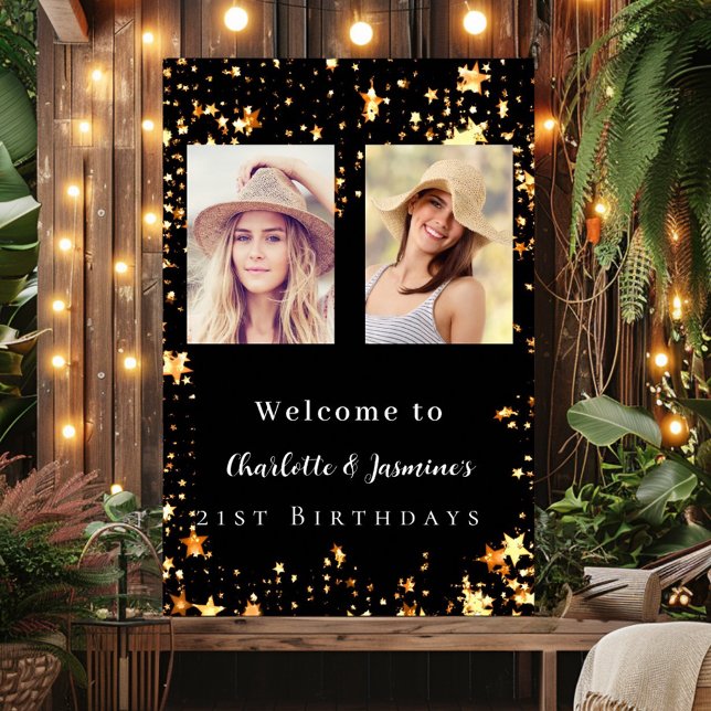 Black gold photo stars 2 persons birthday welcome poster (Creator Uploaded)