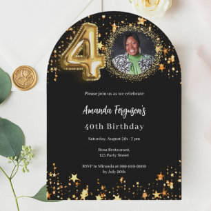 Black gold photo stars 40th birthday arch invitation