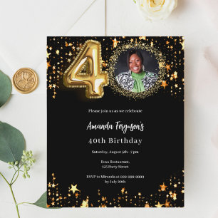 Black gold photo stars 40th birthday invitation