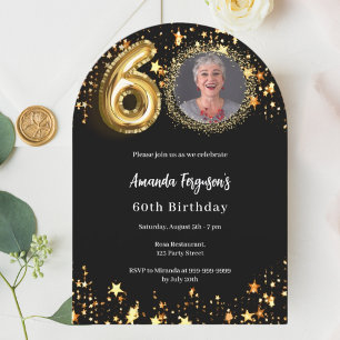 Black gold photo stars 60th birthday arch invitation